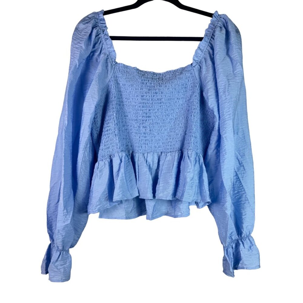🟣 Forever 21 Womens Blue Puffy Blouse Long Sleeve Size 1X - Picture 1 of 6